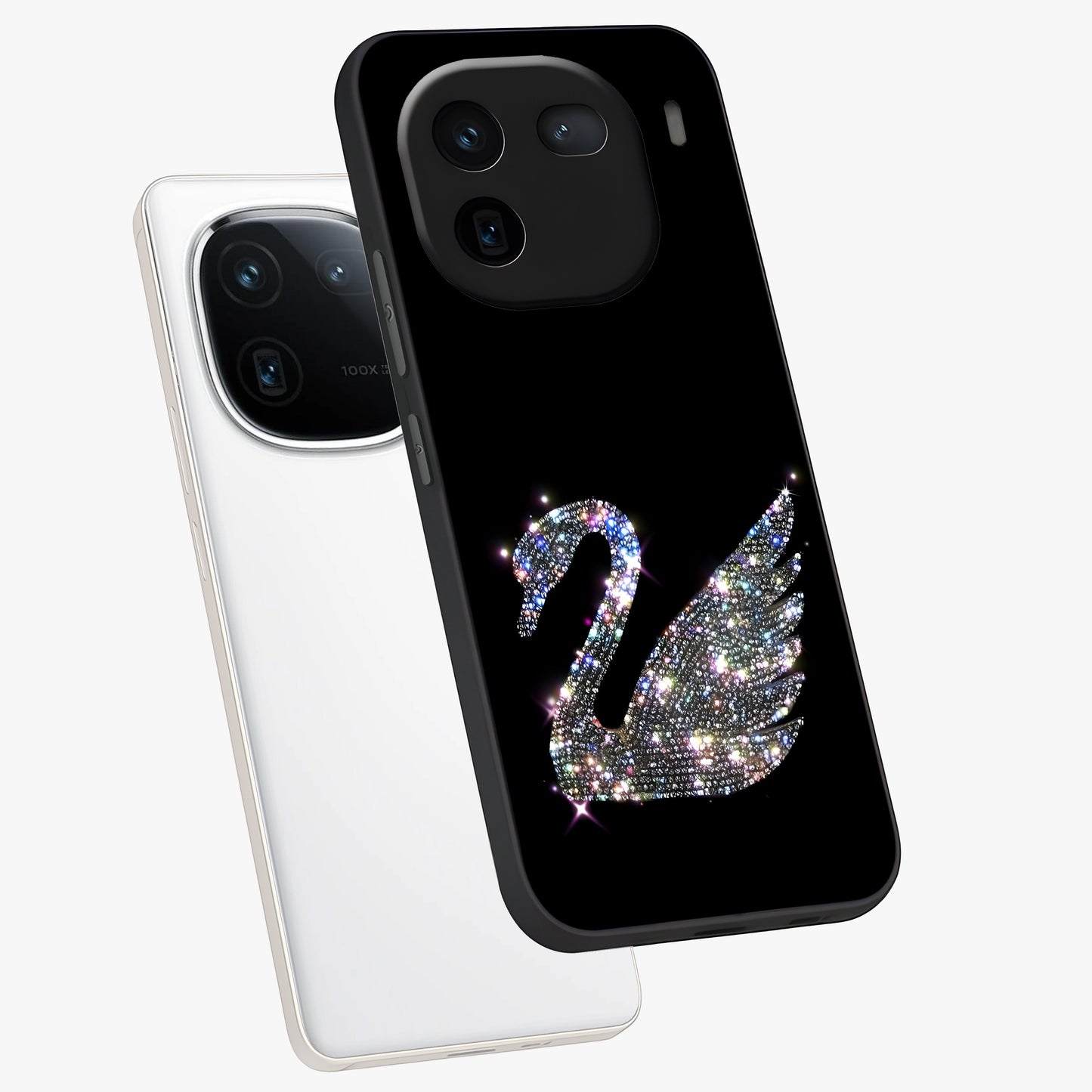 Starlit Swan Grace Glass Case displayed in angled mockup highlighting elegant swan illustration with dreamy celestial aesthetic.