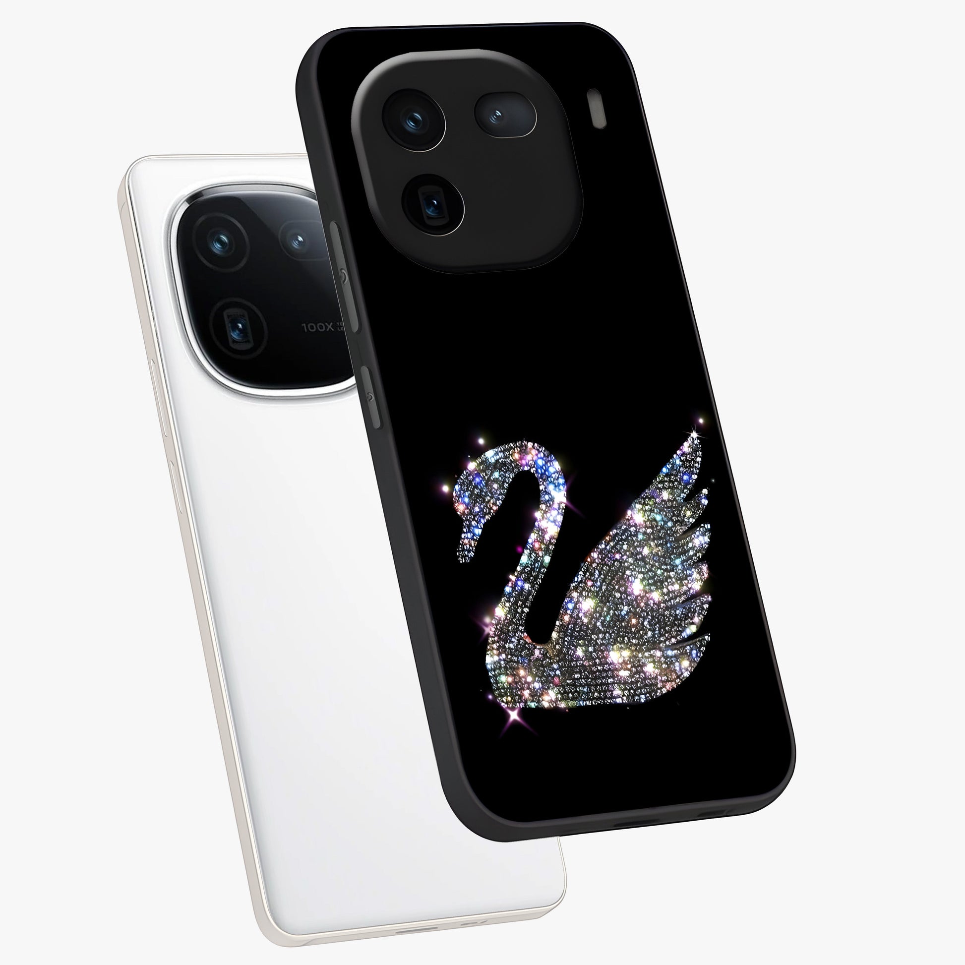 Starlit Swan Grace Glass Case displayed in angled mockup highlighting elegant swan illustration with dreamy celestial aesthetic.