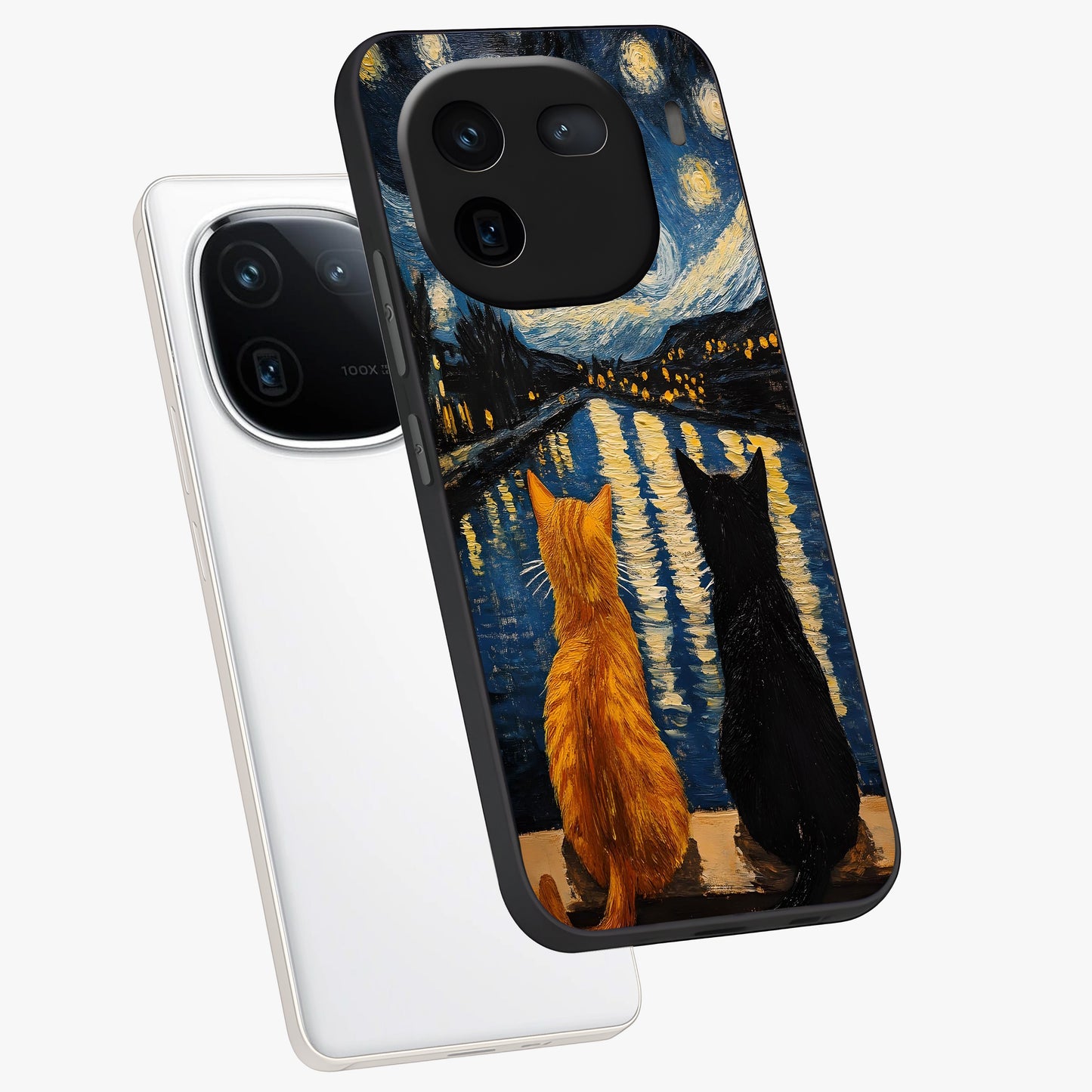 Starry River Cats Glass Case displayed in angled mockup highlighting charming feline illustration with dreamy night aesthetic.