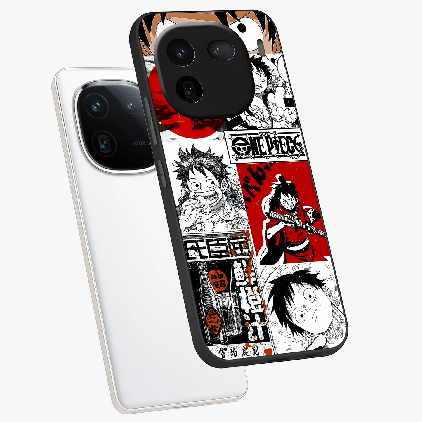 Strawhat Chaos Panels Glass Case displayed in angled mockup highlighting vibrant anime collage design with action aesthetic.