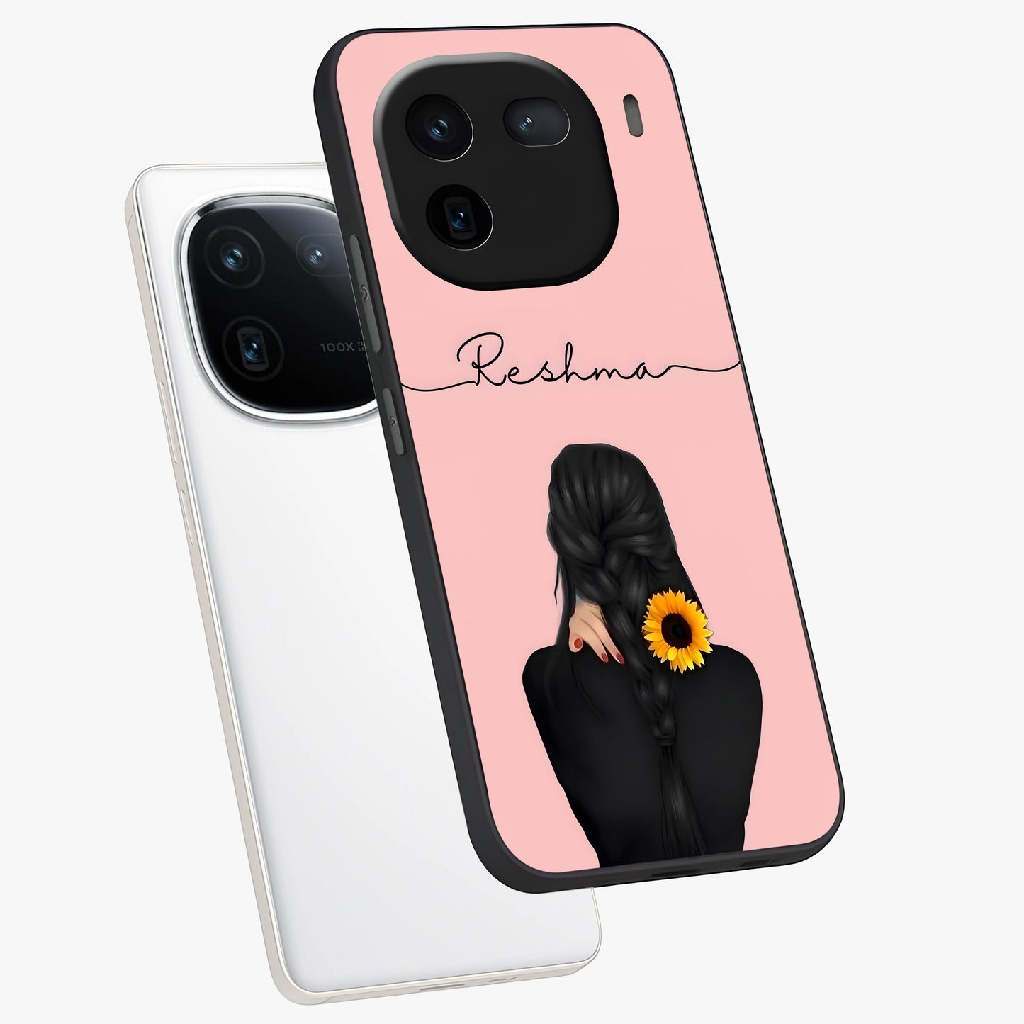 Sunflower Braid Beauty With Custom Name Glass Case displayed in angled mockup highlighting elegant sunflower design with custom name feature.