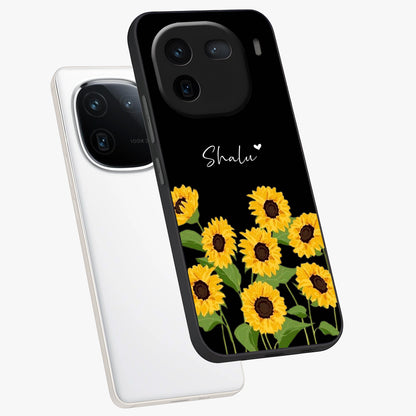 Sunflower Chic Mood Custom Name Glass Case displayed in angled mockup highlighting vibrant sunflower design with custom name feature.