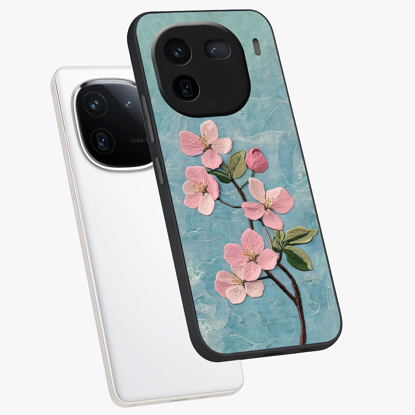 Threaded Blossom Breeze Glass Case displayed in angled mockup highlighting elegant floral design with soft aesthetic style.