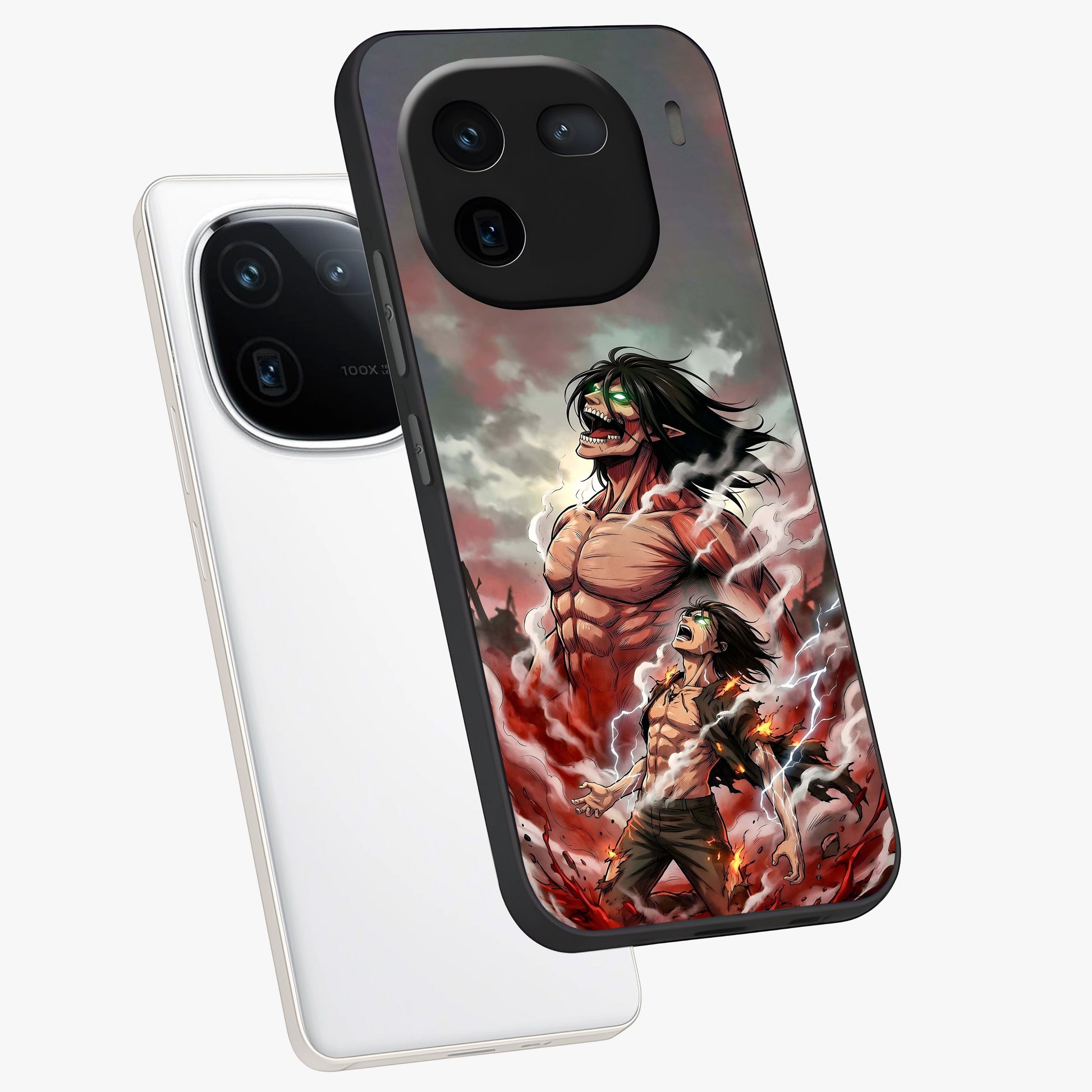 Titan Awakening Fury Glass Case displayed in angled mockup highlighting dramatic giant warrior design with bold anime aesthetic.