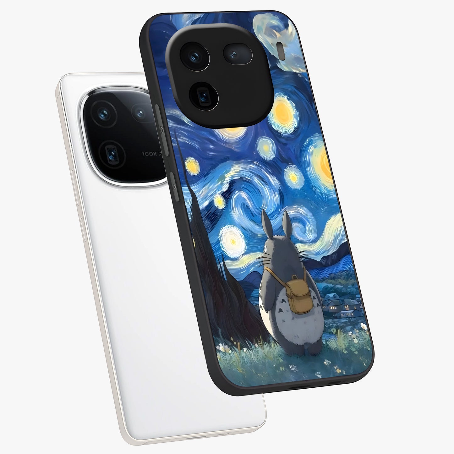 Totoro In Van Gogh Art Glass Case displayed in angled mockup highlighting artistic swirling sky design with playful animation aesthetic.