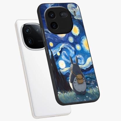 Totoro In Van Gogh Art Glass Case displayed in angled mockup highlighting artistic swirling sky design with playful animation aesthetic.