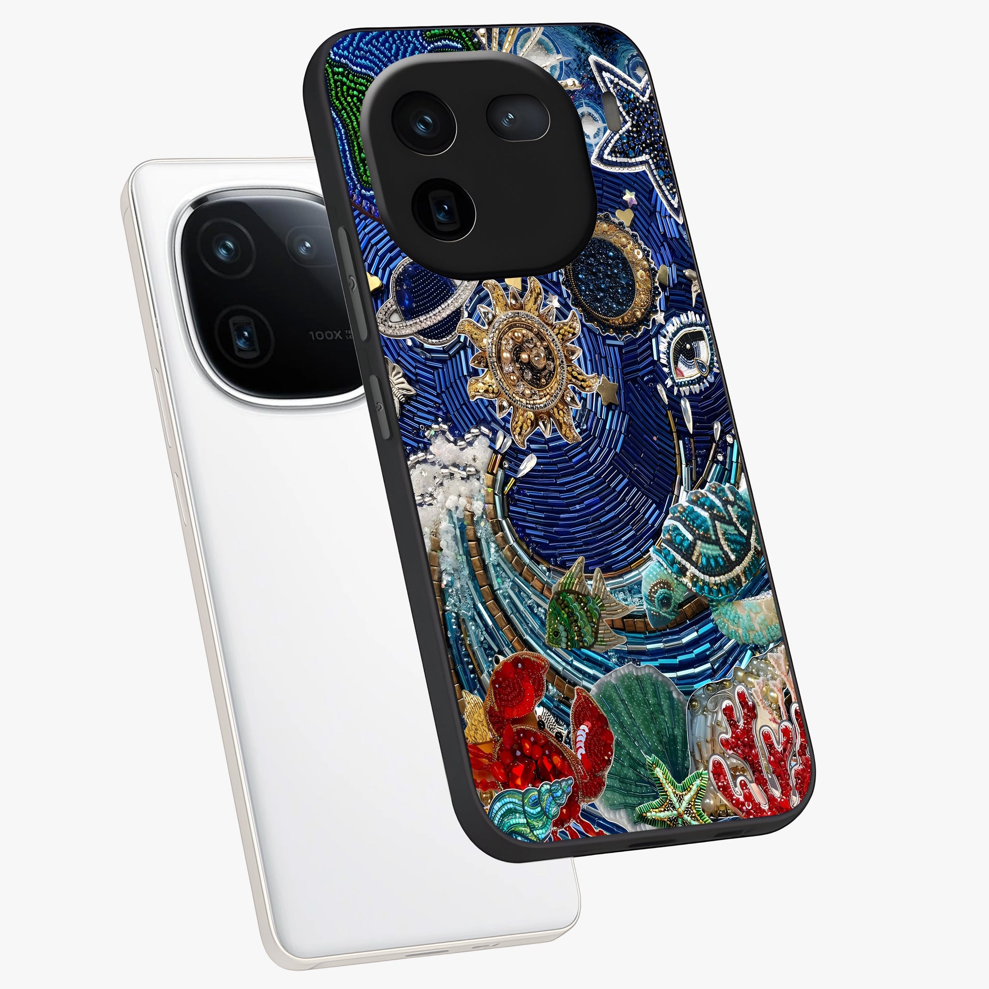 Universe Underwater Spark Glass Case displayed in angled mockup highlighting glowing aquatic design with celestial aesthetic.