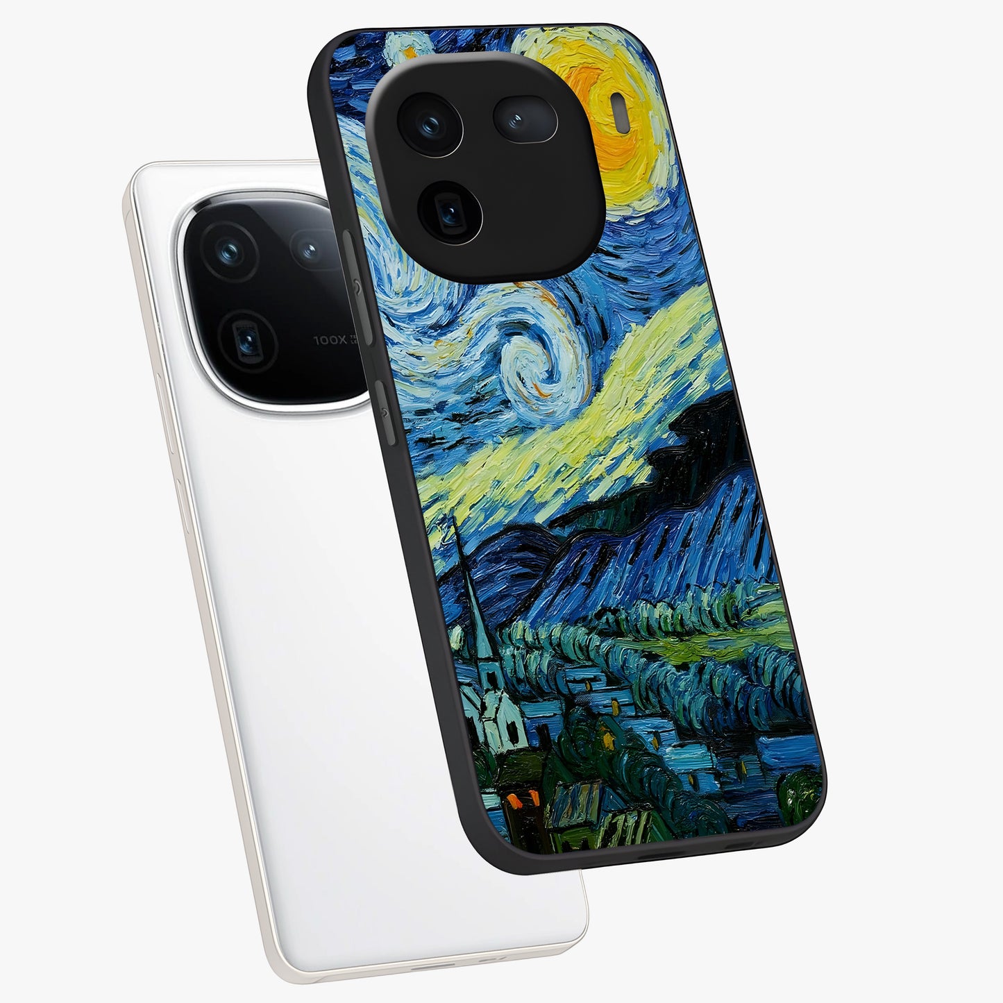 Van Gogh Art Glass Case displayed in angled mockup highlighting swirling brushstroke design with artistic aesthetic.