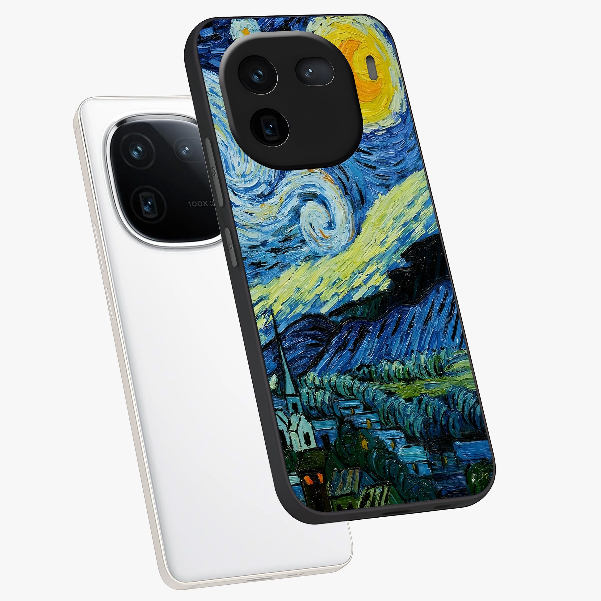 Van Gogh Art Glass Case displayed in angled mockup highlighting swirling brushstroke design with artistic aesthetic.