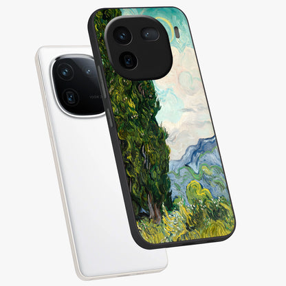 Van Gogh Vintage Art Glass Case displayed in angled mockup highlighting textured brushstroke design with classic aesthetic.