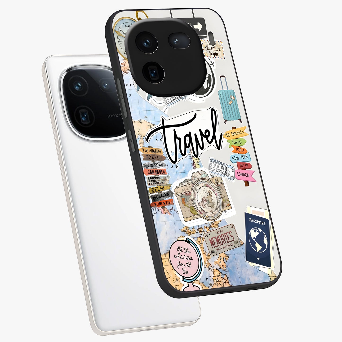 Wanderlust Journal Glass Case displayed in angled mockup highlighting adventure themed design with aesthetic travel vibe.