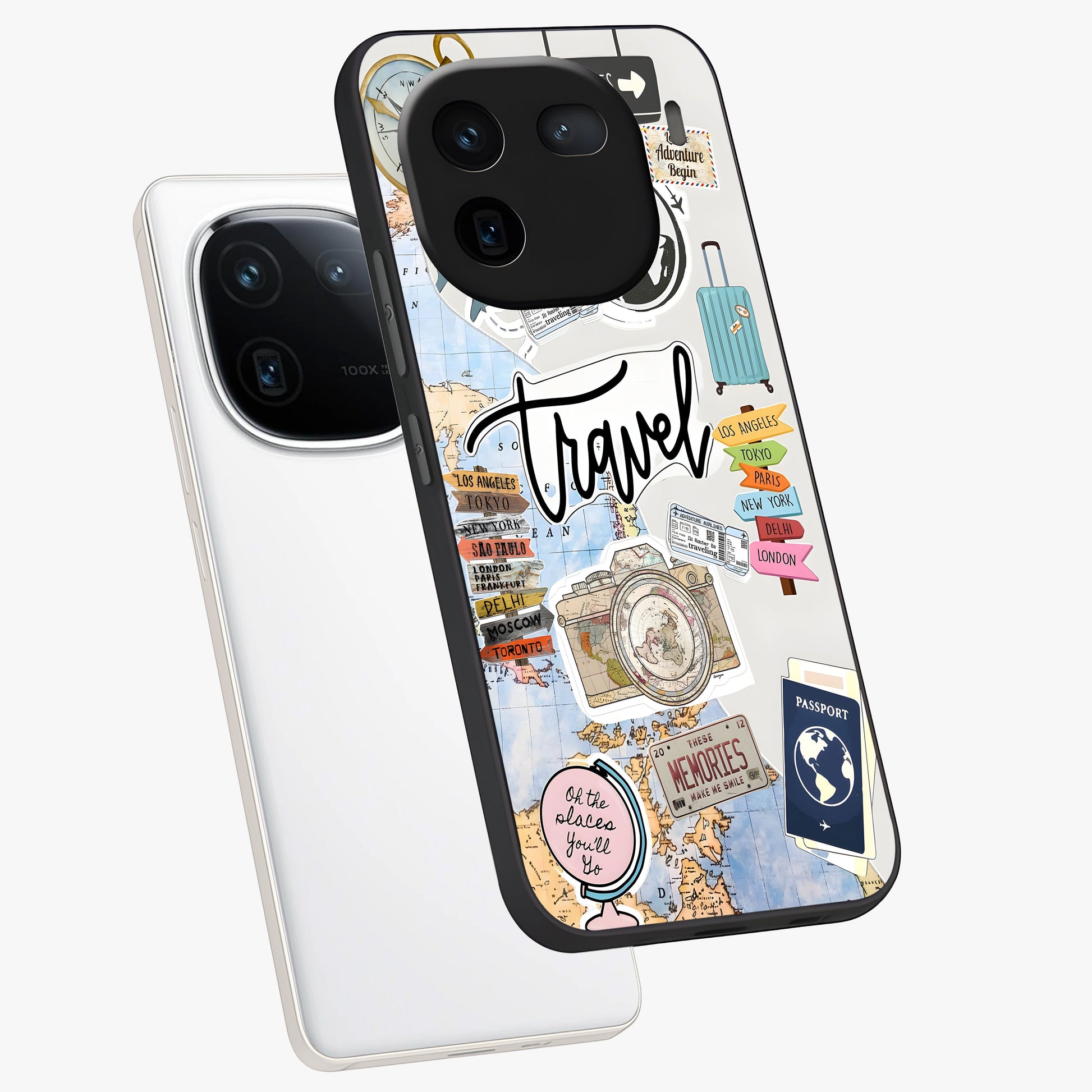 Wanderlust Journal Glass Case displayed in angled mockup highlighting adventure themed design with aesthetic travel vibe.