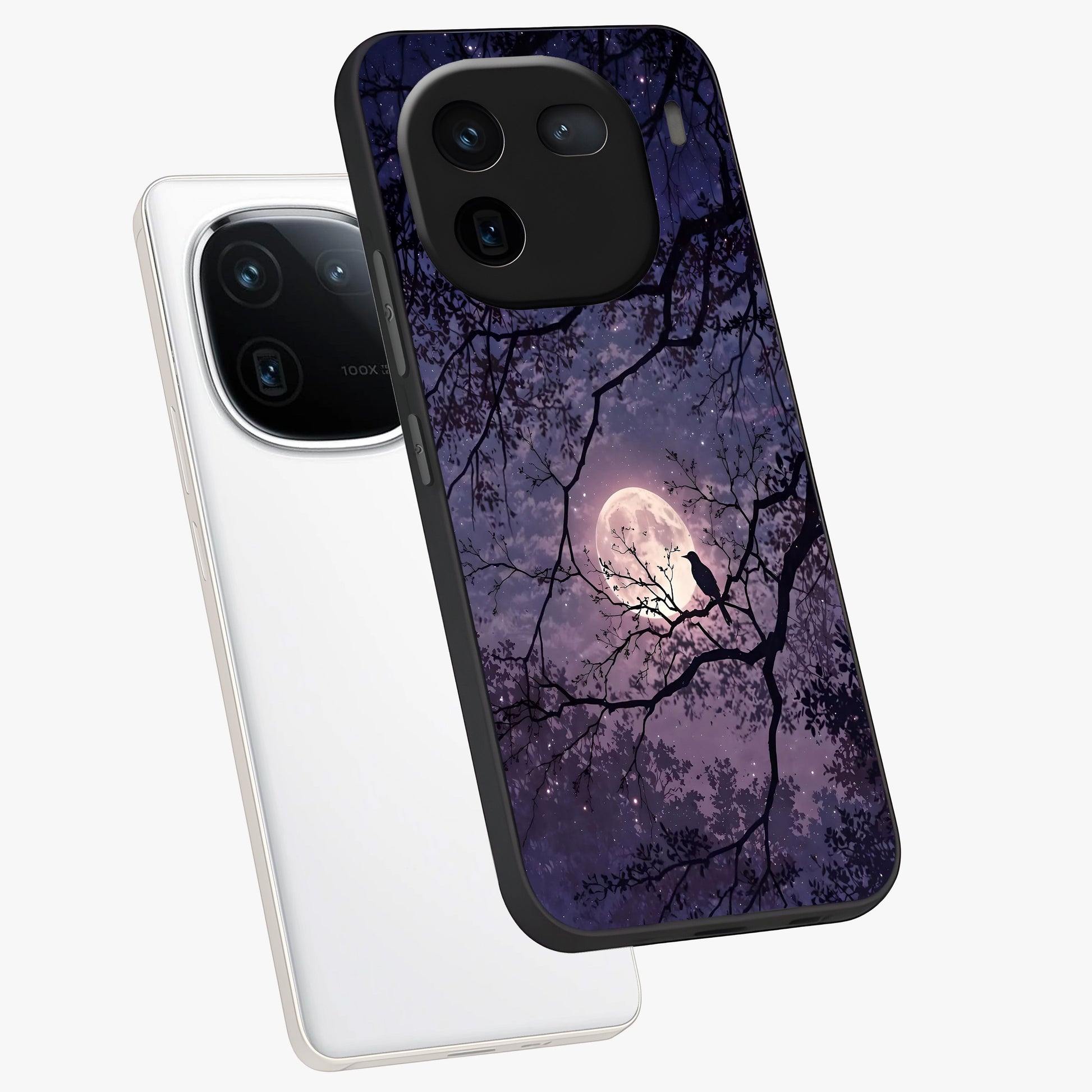 Whispering Moon Silence Glass Case displayed in angled mockup highlighting calm lunar design with dreamy night aesthetic.