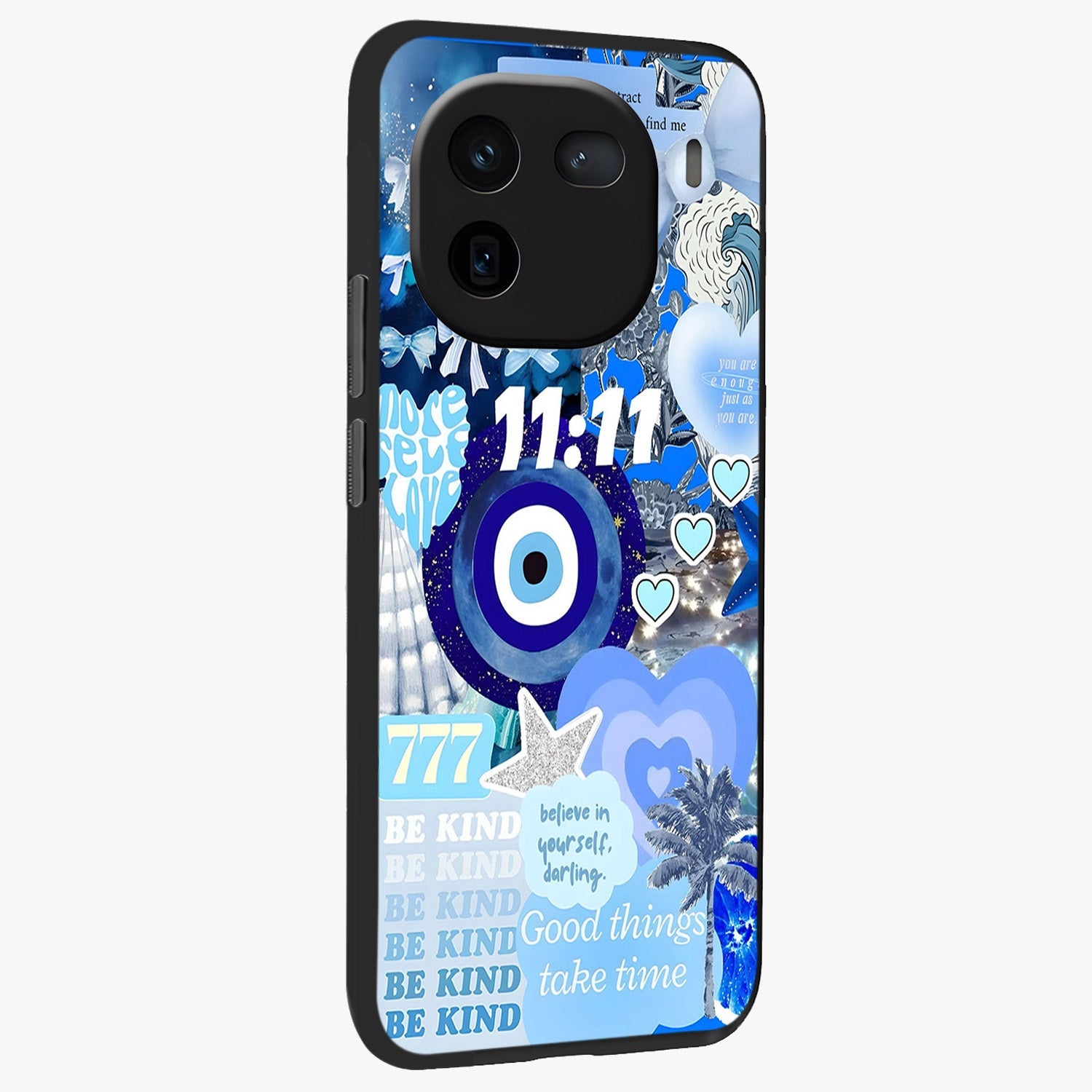 Aesthetic Be Kind Eye Glass Case upright view showcasing stylish eye illustration with positive message theme.