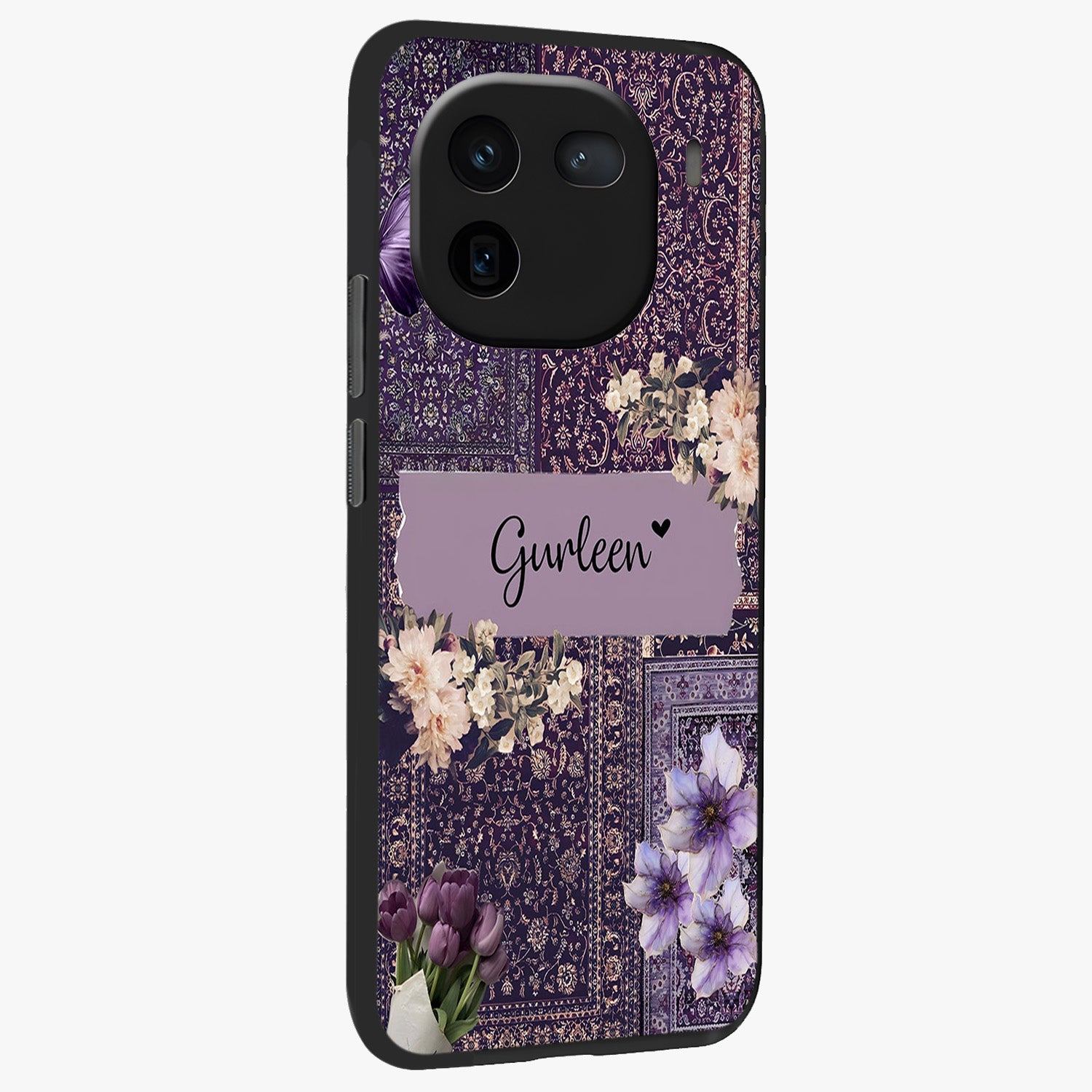 Antique Floral Whisper Custom Name Glass Case upright view showcasing delicate floral artwork with custom name feature.