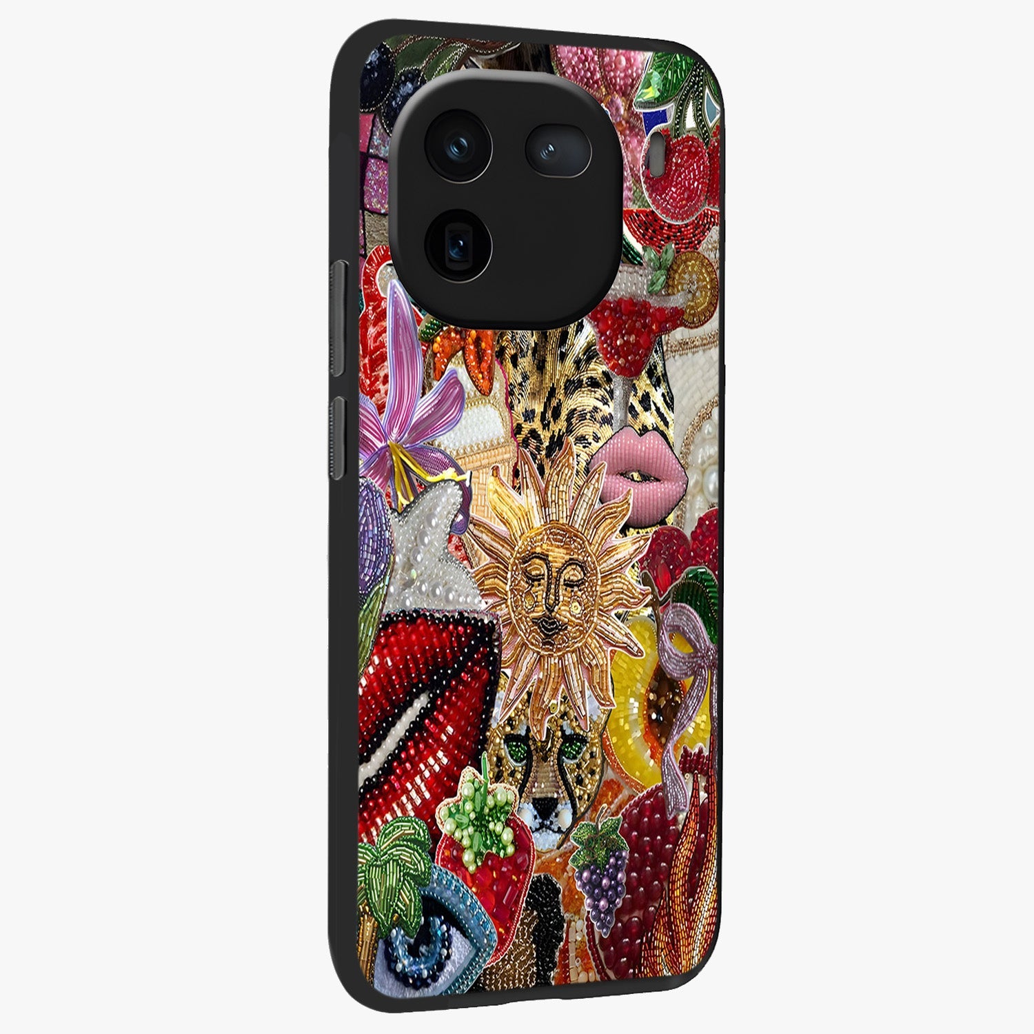 Beaded Fashion Jungle Glass Case upright view showcasing tropical jungle aesthetic with decorative bead elements.