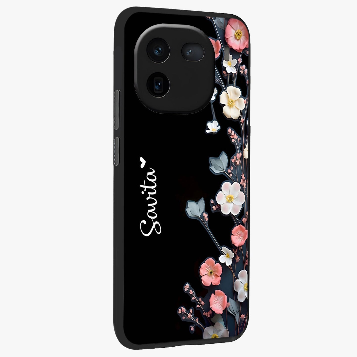 Black Elegance Floral Custom Name Glass Case upright view showcasing luxurious black floral design with personalized name detail.