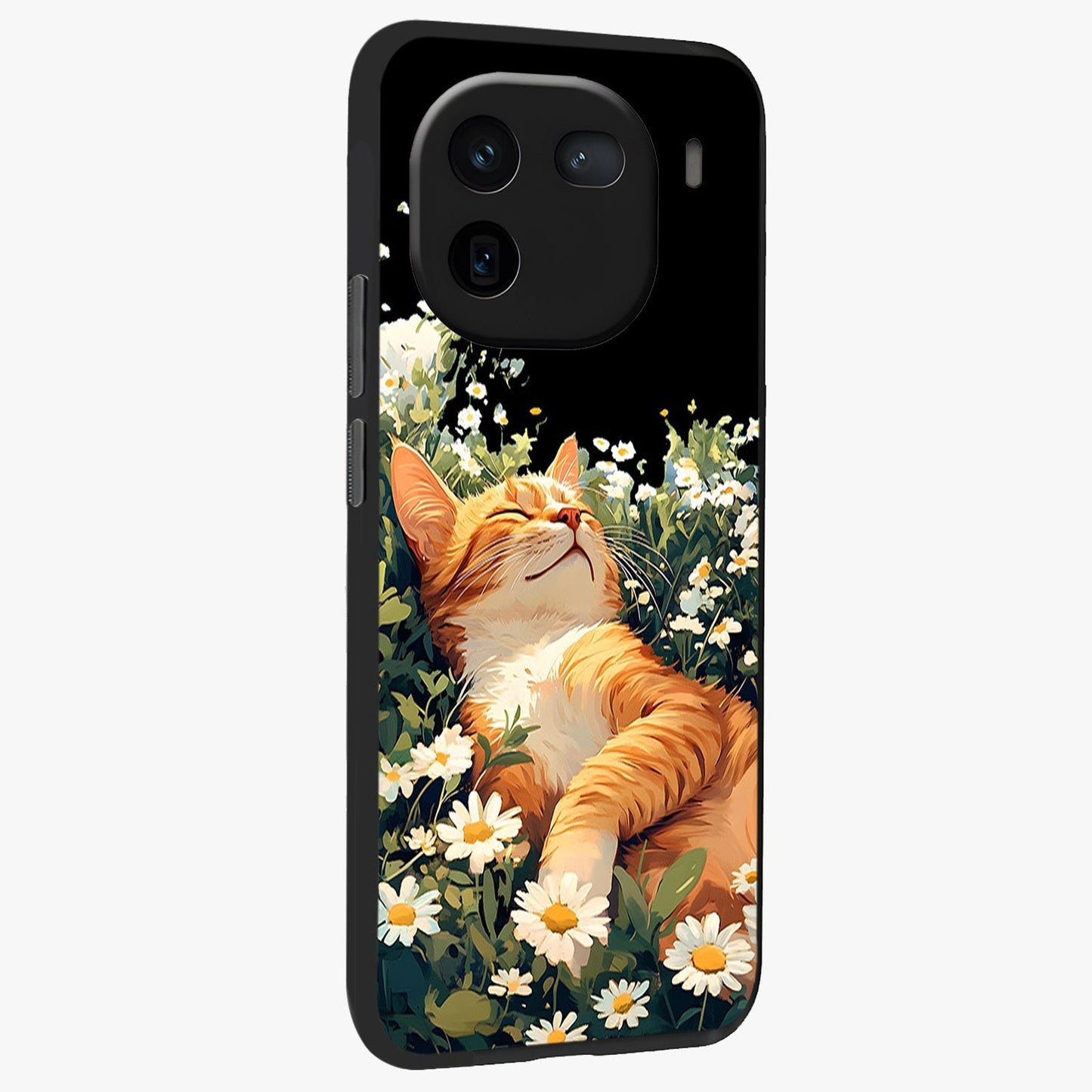 Blissful Bloom Cat Glass Case upright view showcasing charming cat design surrounded by blooming floral elements.