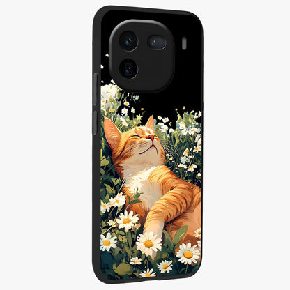 Blissful Bloom Cat Glass Case upright view showcasing charming cat design surrounded by blooming floral elements.