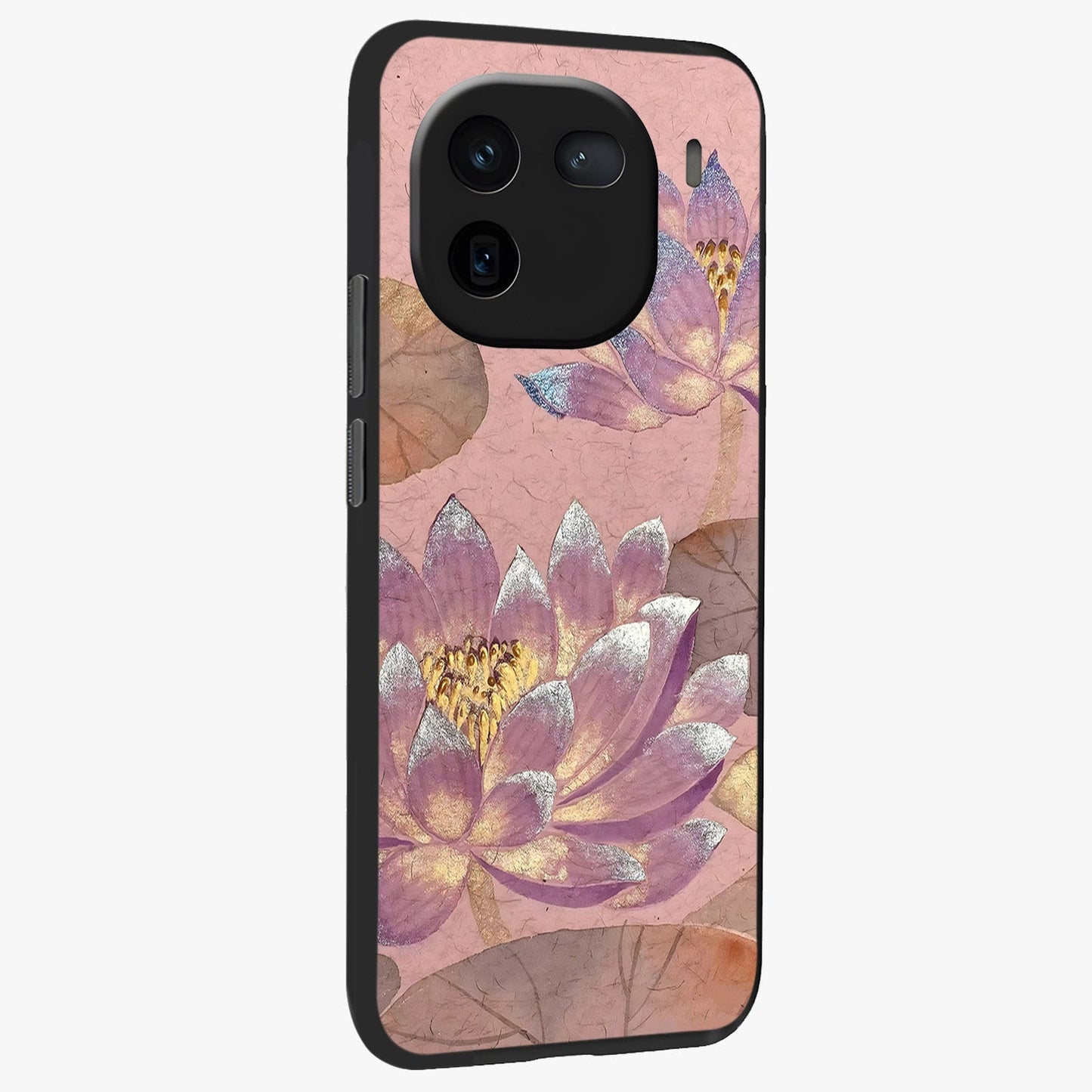 Blossom Mist Lotus Glass Case upright view showcasing graceful lotus flower design with peaceful botanical style.