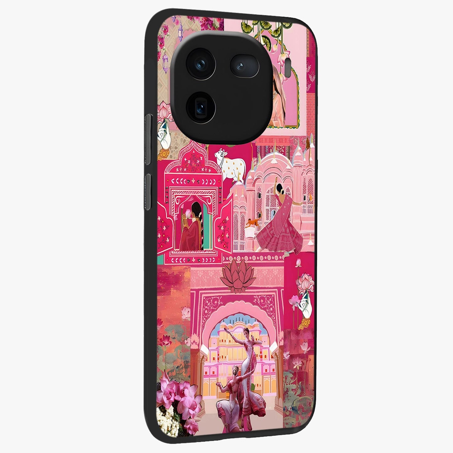 Blossoms of Rajasthan Glass Case upright view showcasing colorful floral design inspired by traditional Indian art.