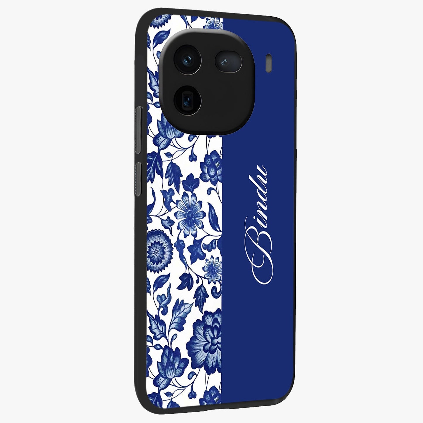 Blue Vintage Floral Pattern Glass Case upright view showcasing delicate blush floral texture with modern minimal style.