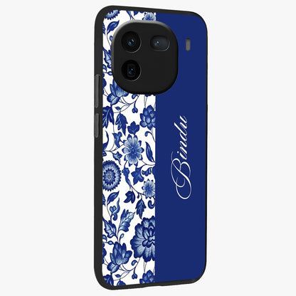 Blue Vintage Floral Pattern Glass Case upright view showcasing delicate blush floral texture with modern minimal style.