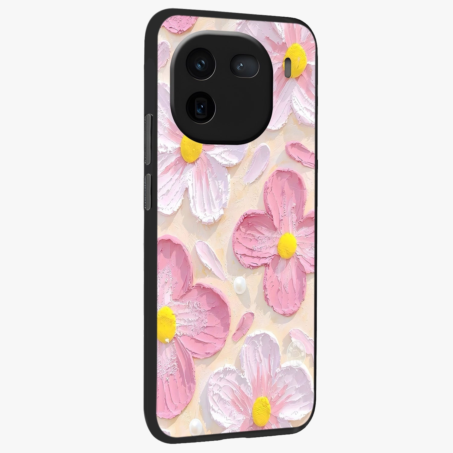 Blush Bloom Texture Glass Case upright view showcasing delicate blush floral texture with modern minimal style.