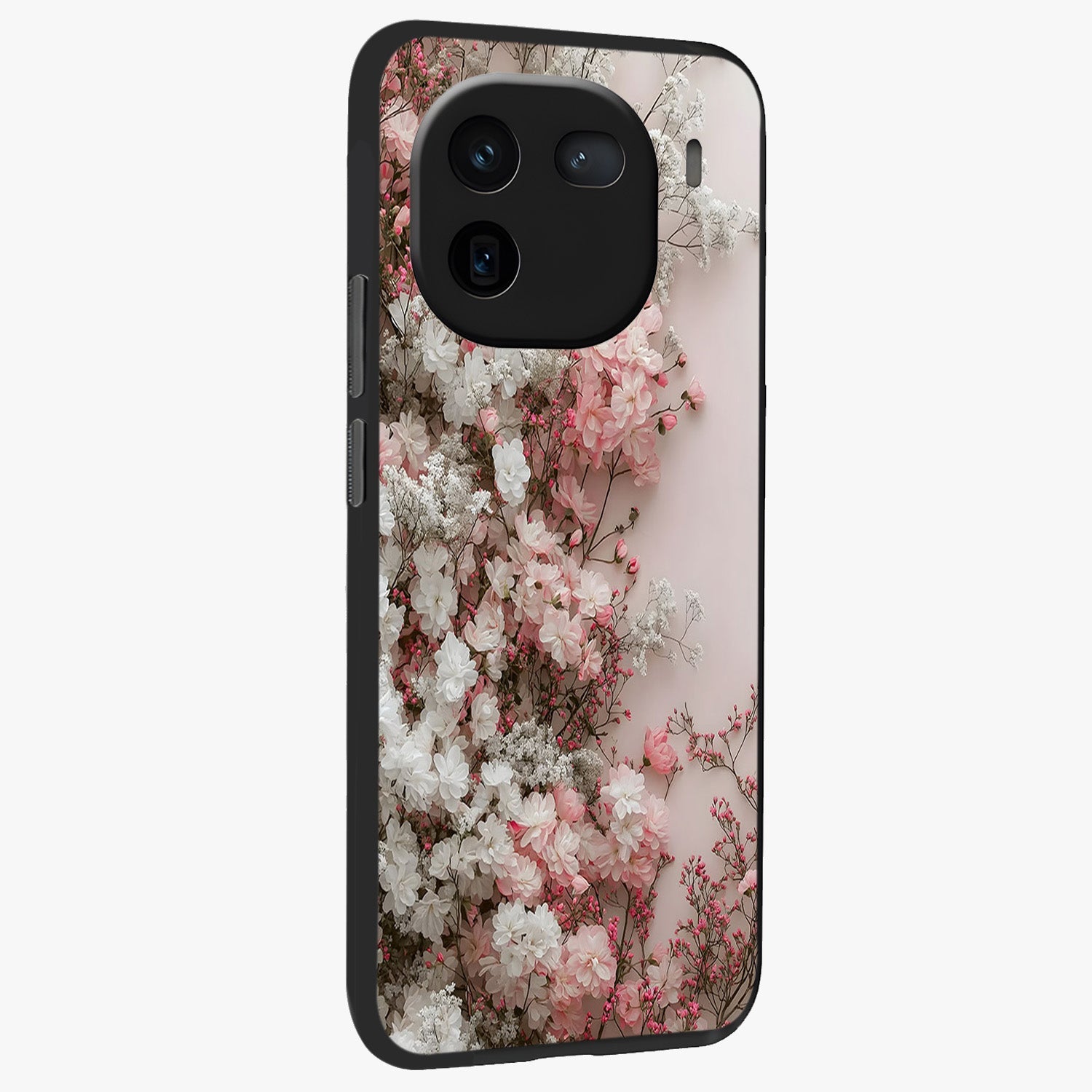 Blush Blossom Cloud Glass Case upright view showcasing calm floral cloud artwork with gentle dreamy theme.