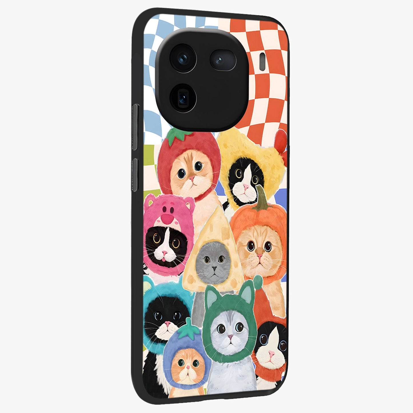 Cats in Fruits Glass Case upright view showcasing charming cat artwork with fun fruity theme.