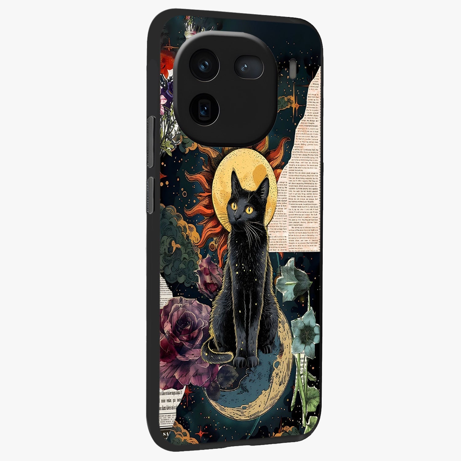 Celestial Black Cat Glass Case upright view showcasing magical black cat illustration with starry cosmic theme.