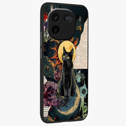 Celestial Black Cat Glass Case upright view showcasing magical black cat illustration with starry cosmic theme.