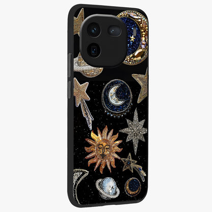 Celestial Gem Constellations Glass Case upright view showcasing cosmic constellation artwork with celestial aesthetic style.