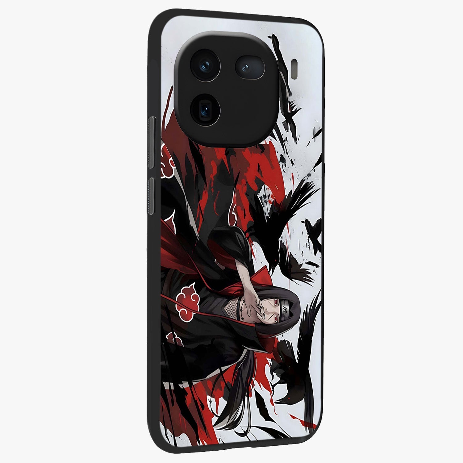 Crimson Crow Illusion Glass Case upright view showcasing striking crow illusion artwork with intense crimson theme.