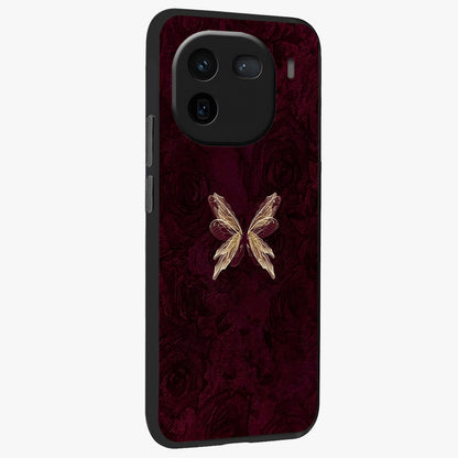 Crimson Fade Butterfly Glass Case upright view showcasing graceful butterfly artwork with soft crimson fade effect.