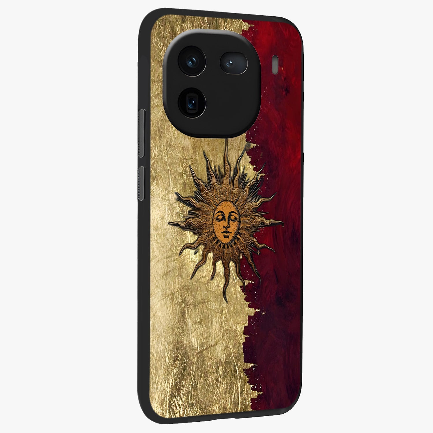 Crimson Sun Majesty Glass Case upright view showcasing vibrant sun artwork with powerful celestial theme.
