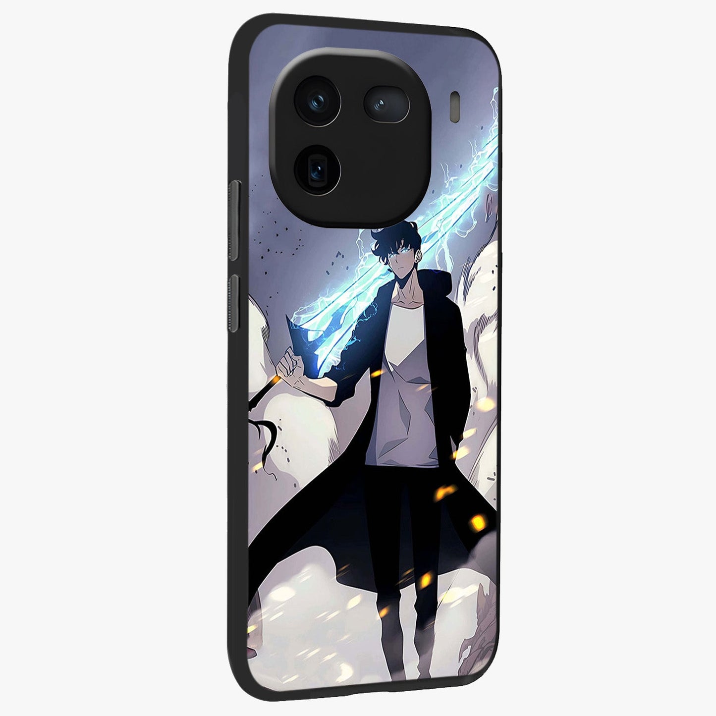 Dark Lightning Anime Warrior Glass Case upright view showcasing dramatic warrior artwork with dark lightning aesthetic.