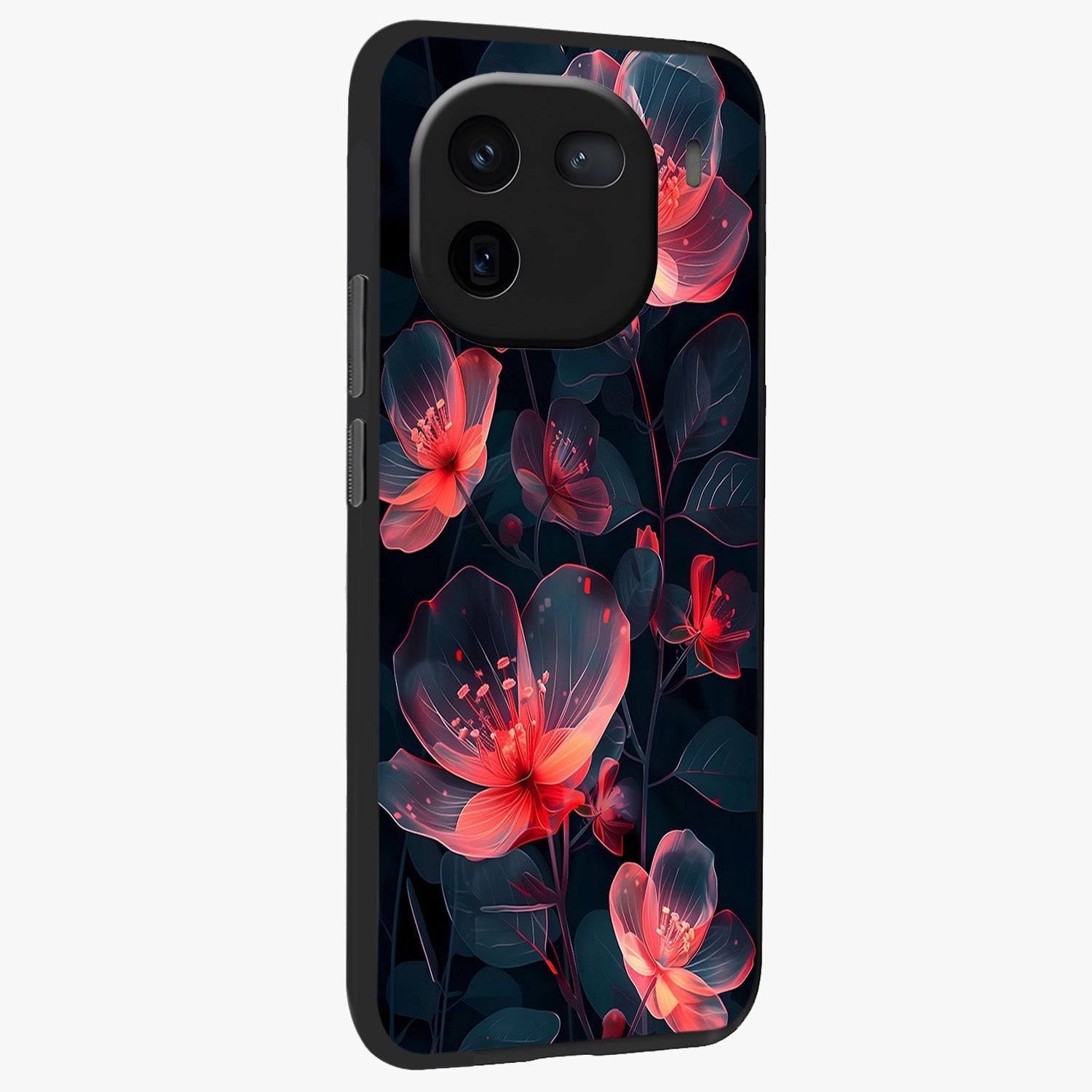 Dark Shade of Flower Glass Case upright view showcasing delicate flower artwork with rich dark floral theme.