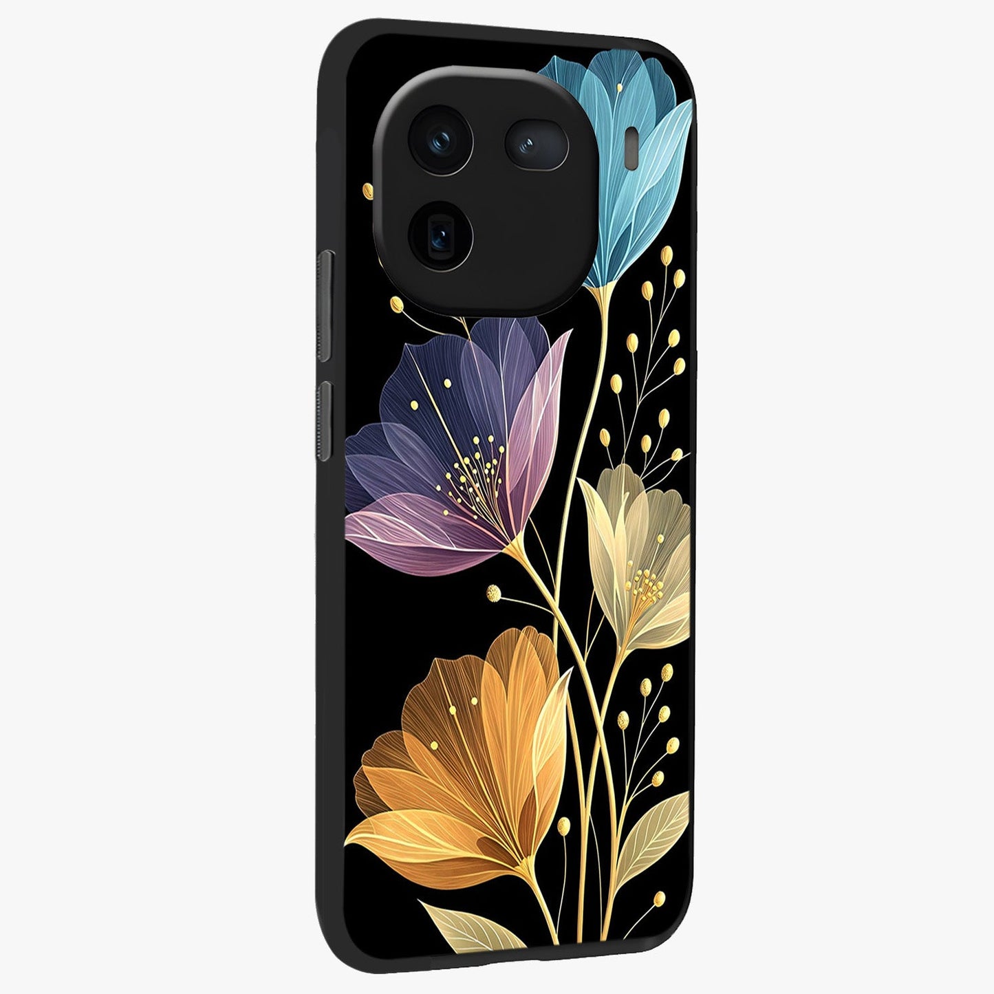 Delicate Multicolor Flowers Glass Case upright view showcasing delicate floral artwork with bright botanical theme.