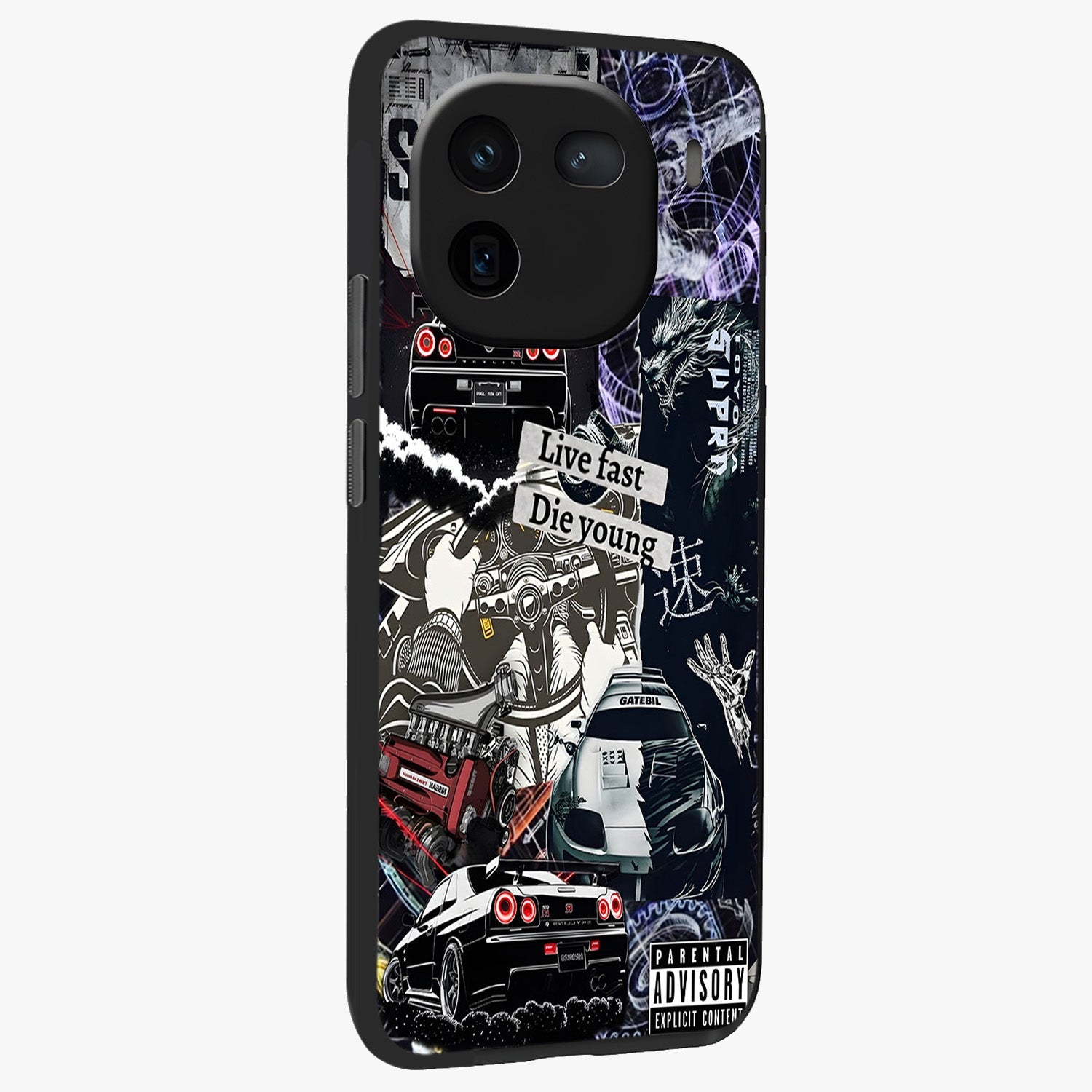 Die Young Glass Case upright view showcasing striking typography artwork with modern statement theme.