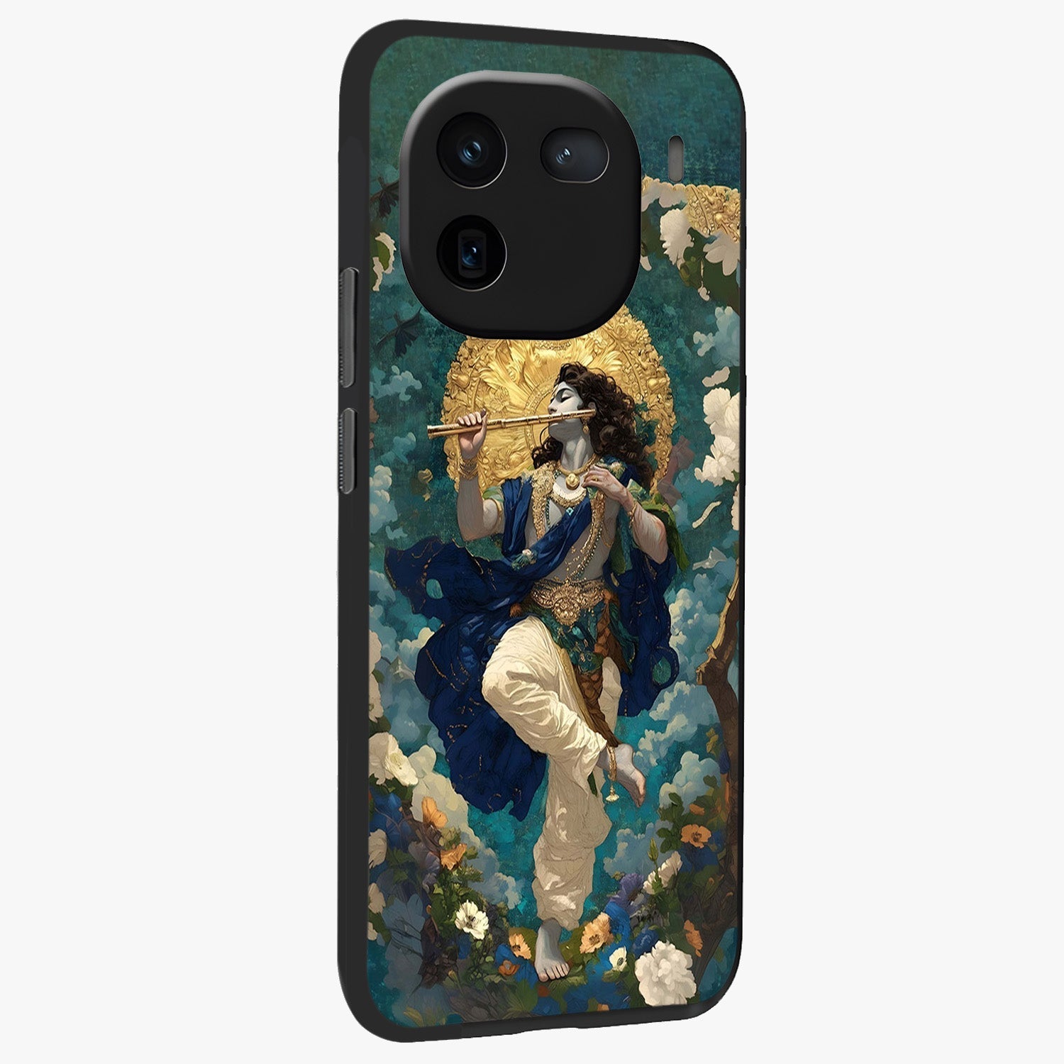 Divine Krishna Art Glass Case upright view showcasing divine Krishna artwork with sacred artistic theme.
