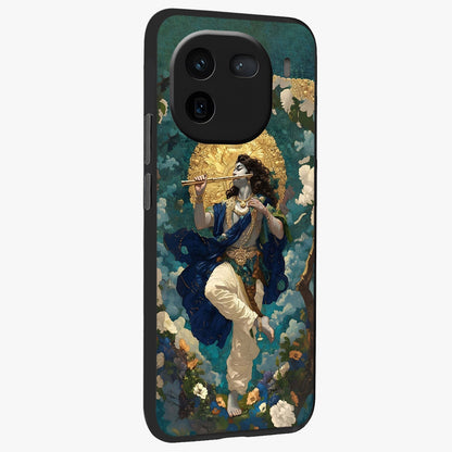 Divine Krishna Art Glass Case upright view showcasing divine Krishna artwork with sacred artistic theme.