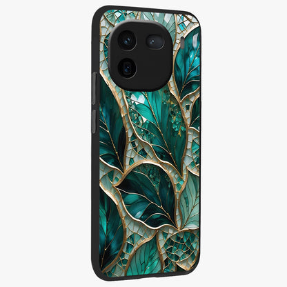 Emerald Leaf Glass Glass Case upright view showcasing fresh green leaf artwork with calming nature inspired style.