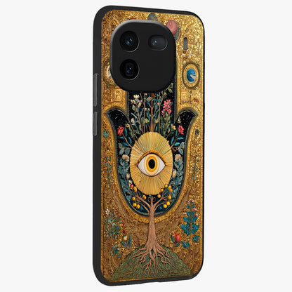 Ethereal Evil Eye Glass Case upright view showcasing celestial evil eye artwork with mystical theme.