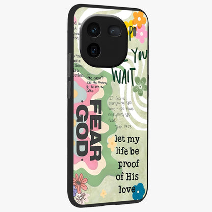 Faith Over Fear Glass Case upright view showcasing bold typography artwork with uplifting motivational theme.