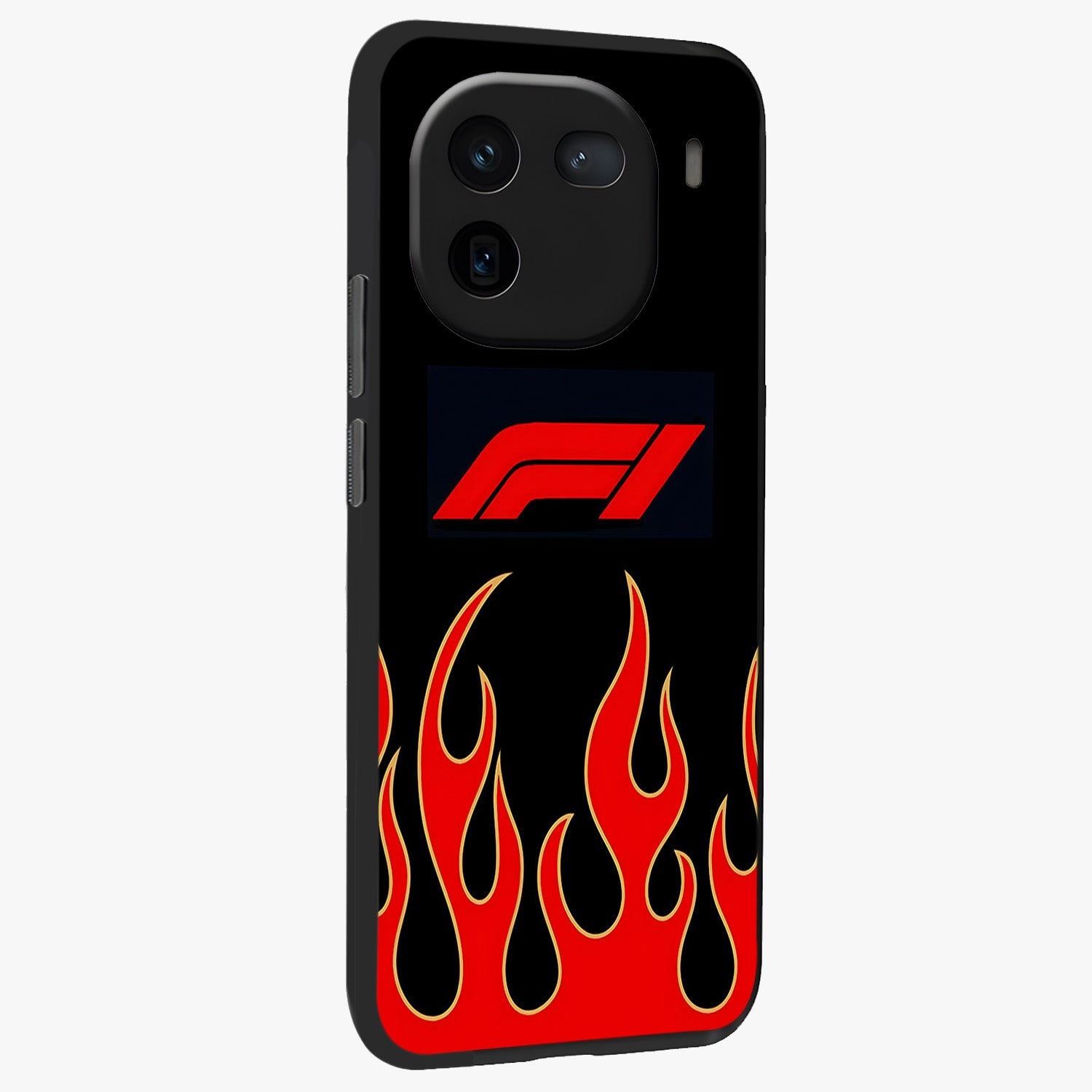 Fire F11 Glass Case upright view showcasing dynamic flame artwork with intense visual theme.