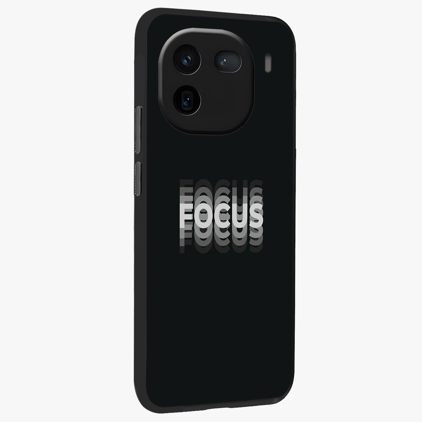 Focus Mode On Glass Case upright view showcasing strong typography statement with sleek motivational theme.