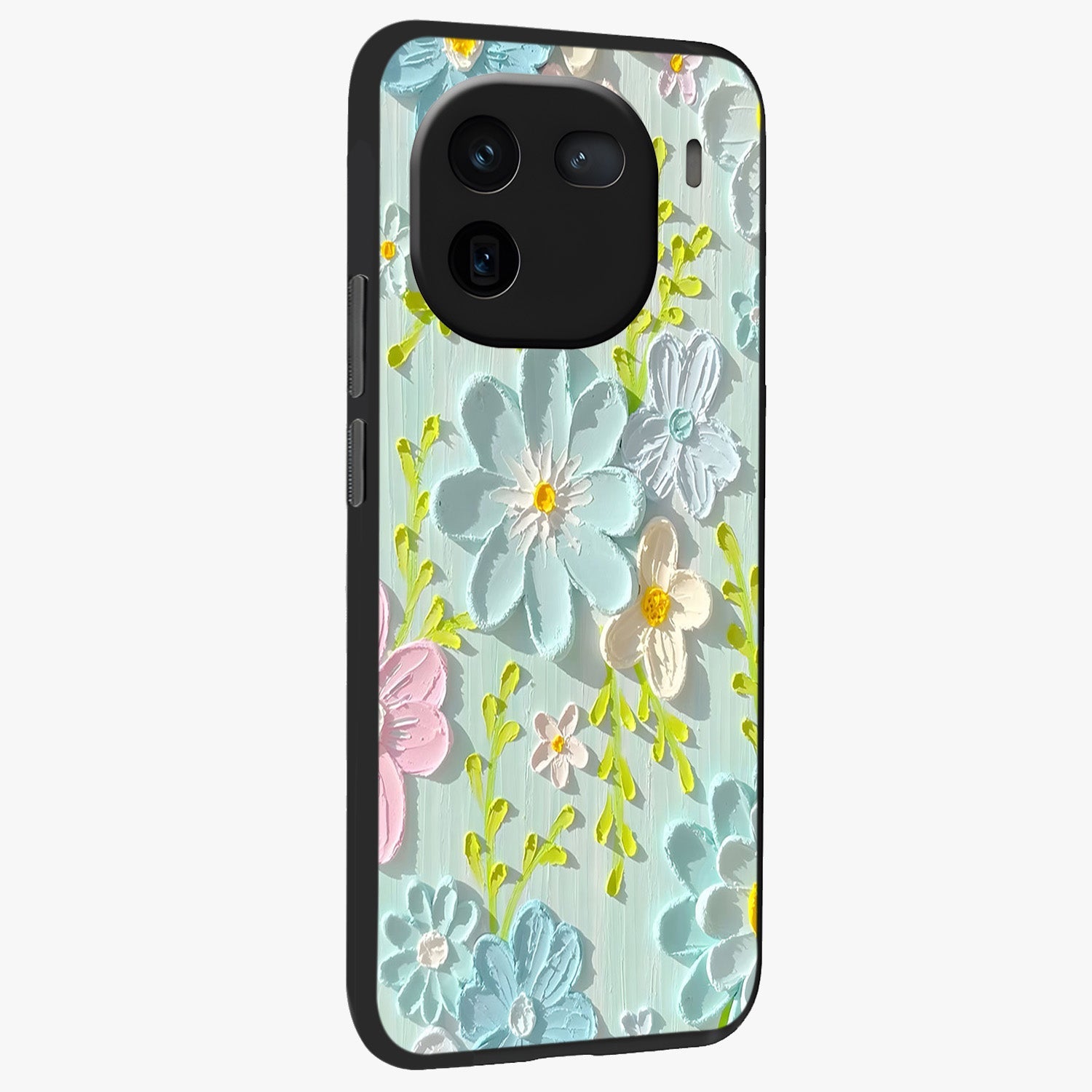 Frosted Petal Garden Glass Case upright view showcasing elegant floral garden artwork with soothing pastel theme.
