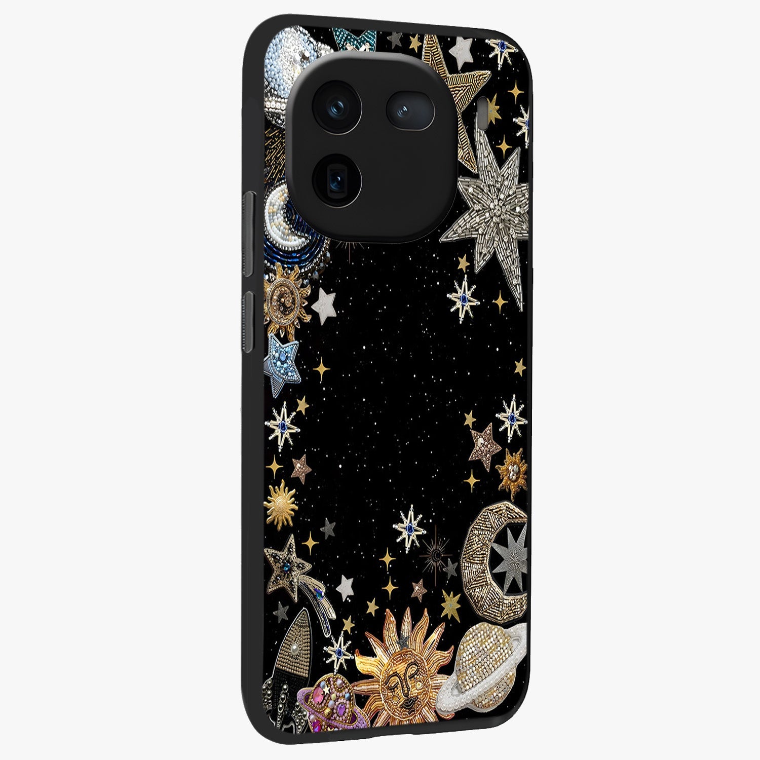 Galactic Jewel Stars Glass Case upright view showcasing glittering star jewel artwork with vibrant galaxy theme.