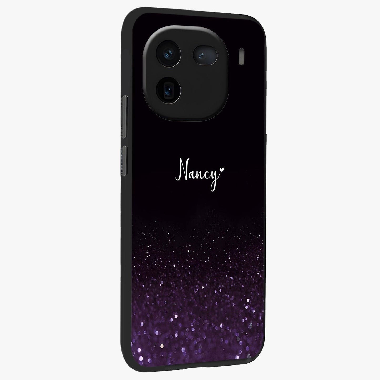 Glittery Purple Bokeh Custom Name Glass Case upright view showcasing vibrant purple sparkle artwork with personalized aesthetic style.